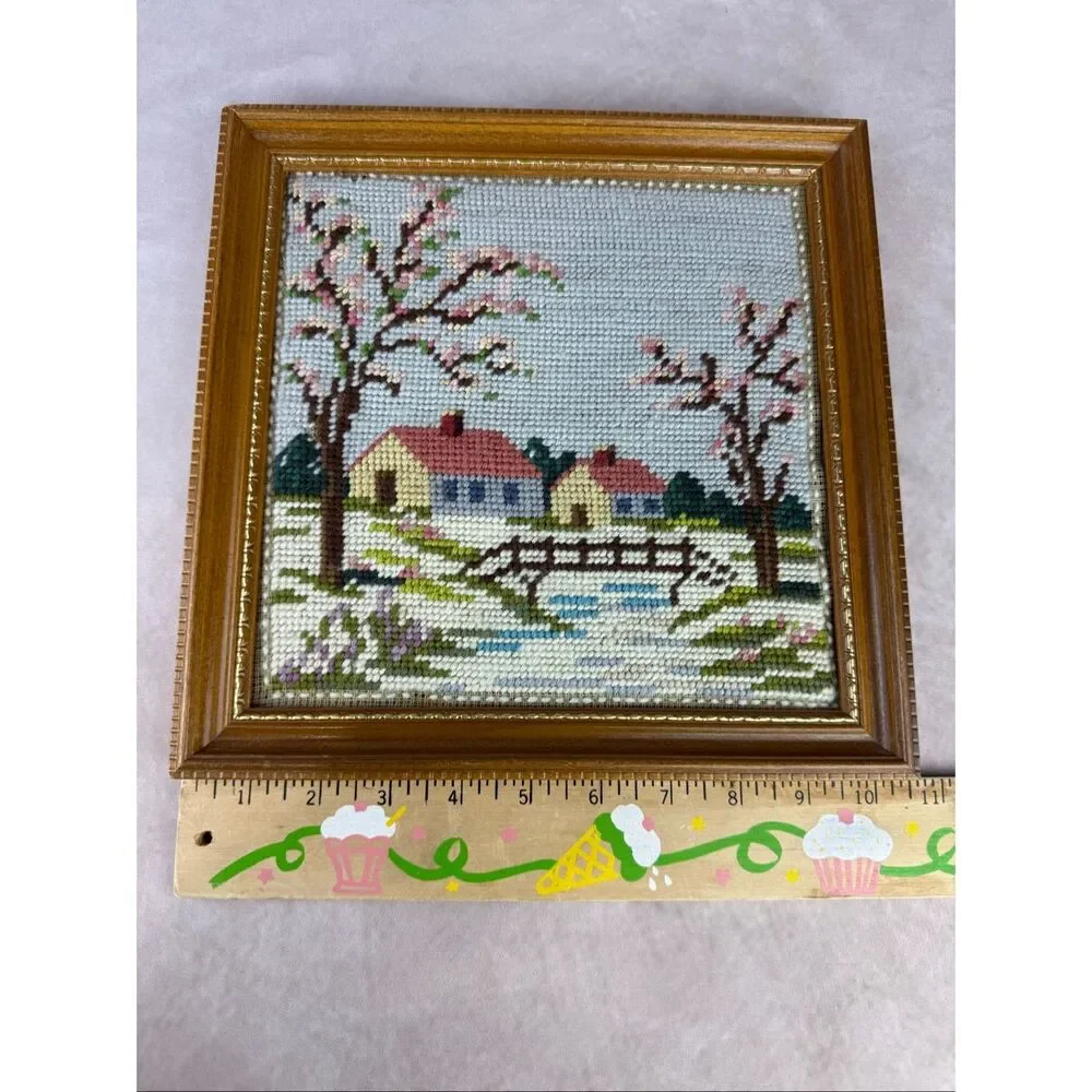 Vintage Framed Needlepoint Country House Cottagecore
